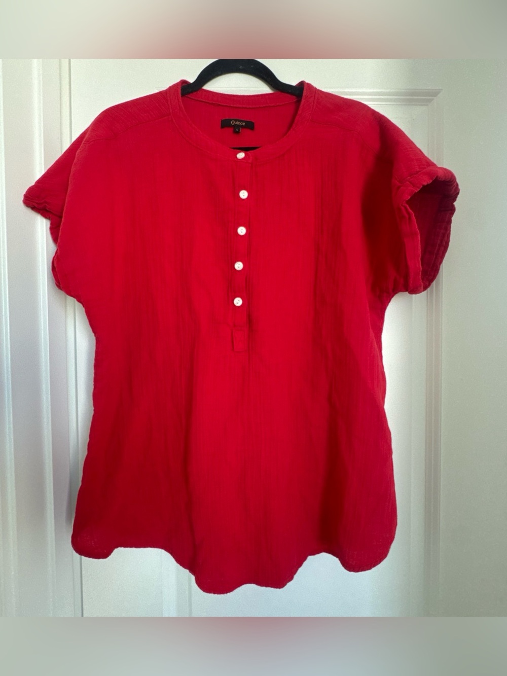 Quince Women 100% Organic Cotton Gauze Roll Sleeve Shirt Red Size Large